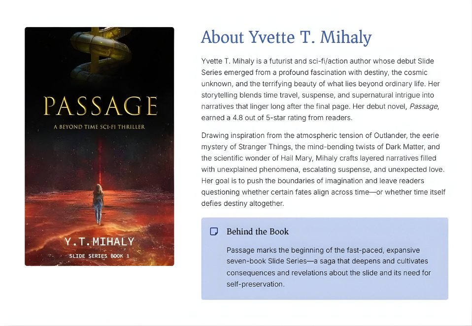 Book cover and author description for Passage.